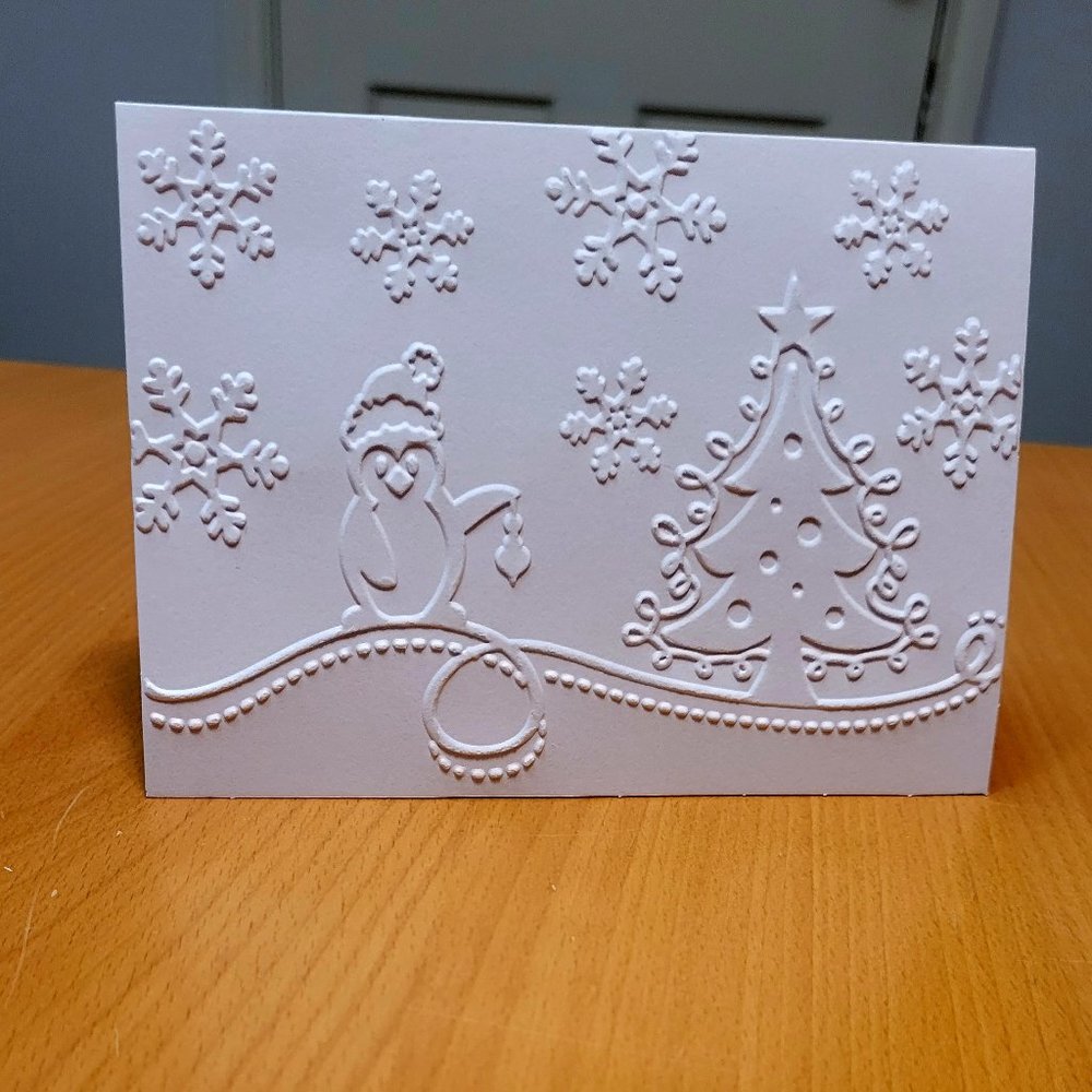 Christmas Card, Embossed Christmas Tree, Penguin, Snow, Holiday Greeting Card